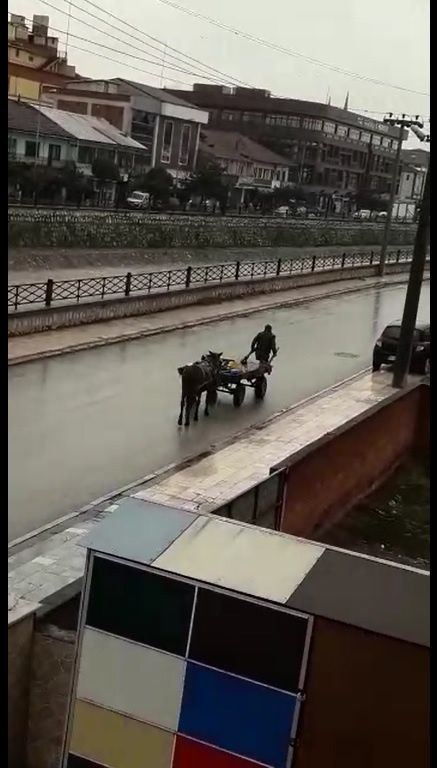 Atı yorulunca, arabayı kendisi çekti