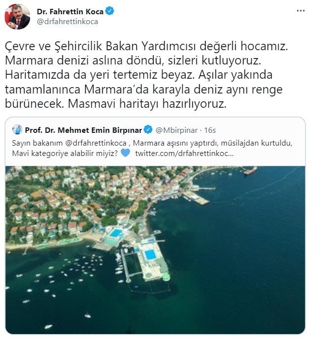 Bakan Koca: “Marmara denizi aslina döndü, sizleri kutluyoruz”