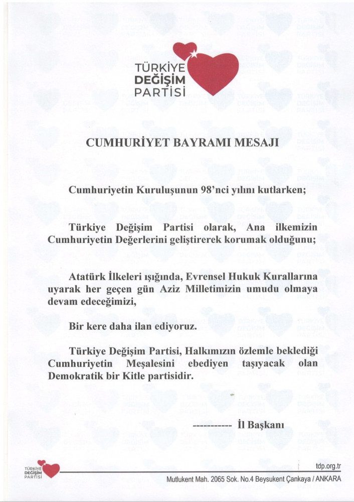 Türkiye Degisim Partisi Mersin Il Baskanligi’ndan 29 Ekim Cumhuriyet Bayrami Açiklamasi